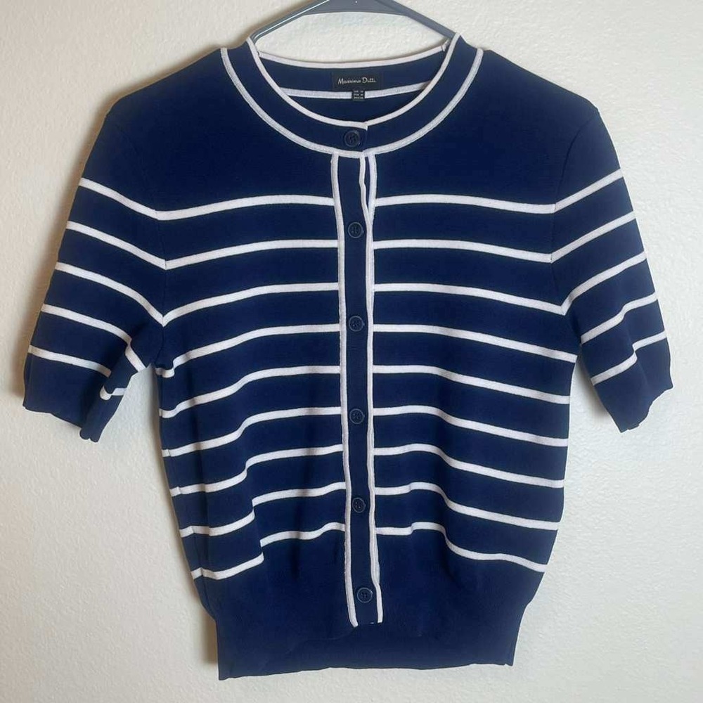 Massimo Dutti Navy Blue White Striped Short Sleeve Cardigan Sweater Mens Size M